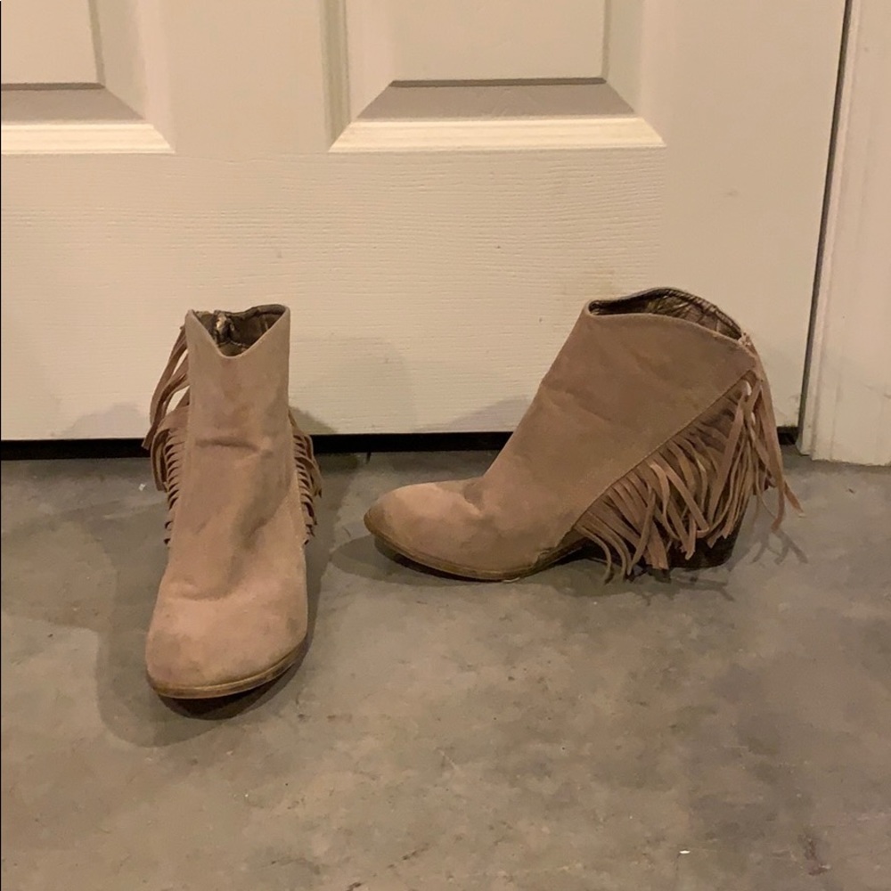Taupe Fringe Booties - FIT SMALL